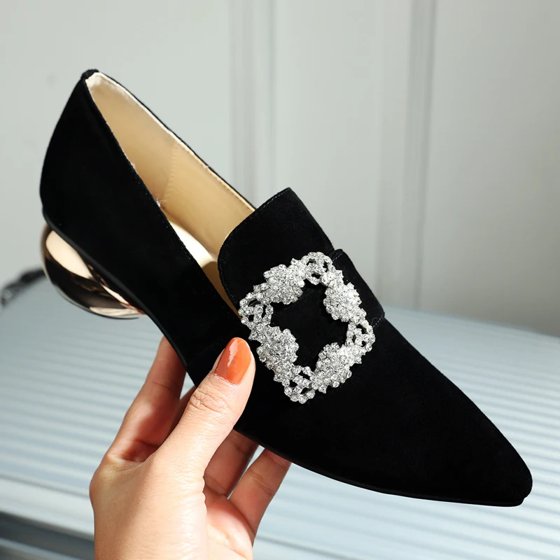 

Plus size 33-40 women's genuine suede leather Rhinestone buckle autumn ankle boots pointed toe 2019 spring new med heel shoes