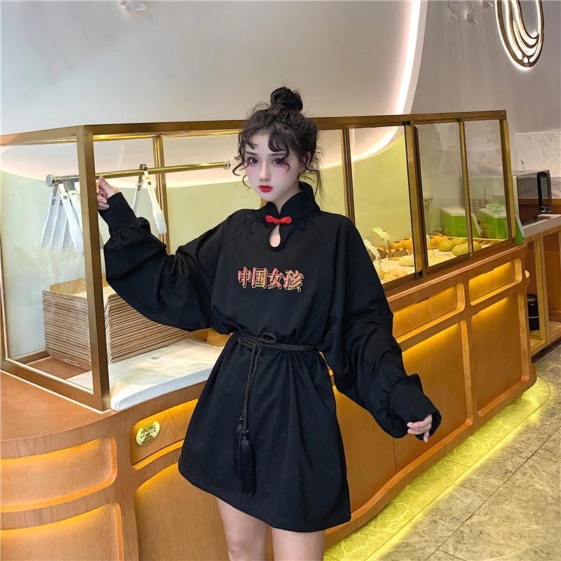 

Women's Clothing vintage embroidery Mandarin collar lantern sleeve bf loose women dress spring autumn Dresses new harajuku