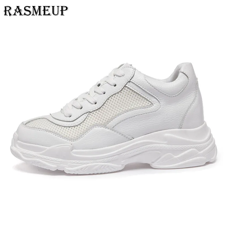 Prix RASMEUP Véritable En Cuir + Mesh Femmes de Plate Forme Chunky Sneaker 2018 Mode Femmes Papa Blanc Chaussures Casual Femme Dentelle Up chaussures