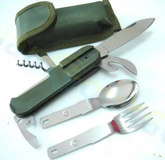 10 * al aire libre de acero inoxidable de vajilla de Picnic cuchillo tenedor cuchara abrelatas de botella del Kit de viaje portátil plegable de Camping utensilio de herramientas