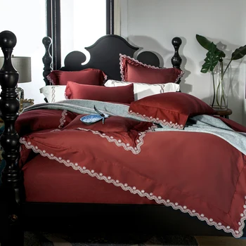 

Wine Red Luxury 60S Sanding Egyptian Cotton Embroidery Bedding Set Pure Color Duvet Cover Bed Linen Bed sheet Pillowcases 4/7pcs