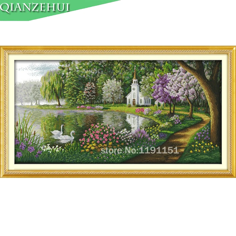 

QIANZEHUI,Needlework,DIY Green lake reflected color Cross stitch,Sets For Embroidery kits Landscape paintings Cross-Stitching