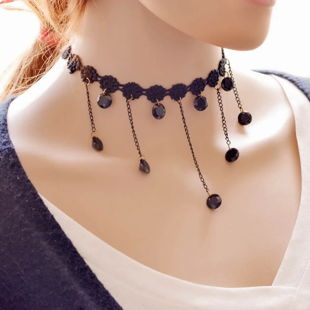 Women Girls Fashion Lace Rhinestone Beads Chain Pendant Choker Necklace/Bracelet 