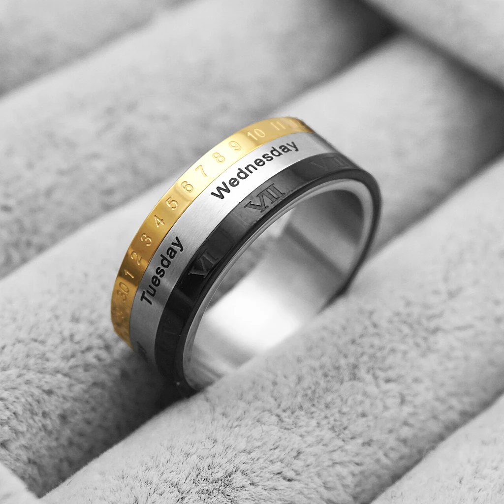 Novelty Calendar Charm Classic Turnable Roman Arabic Number Date Ring  US13