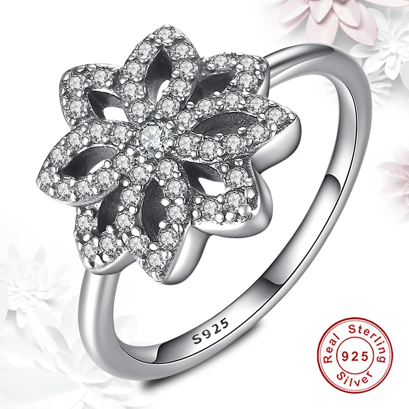ELESHE 100% 925 Sterling Silver Snowflake Flower Finger Rings with Clear CZ for Women Wedding Anniversary Original Jewelry Gift