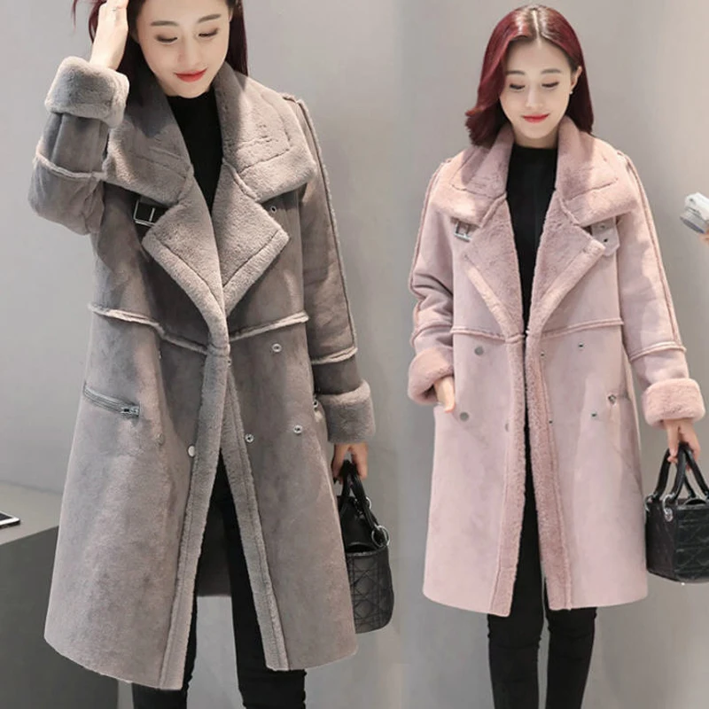 Зимние Для женщин искусственная овечья шерсть, женская верхняя одежда, джинсовая куртка, длинная уплотненная из овечьей шерсти пальто двубортное пальто из искусственной замши Кожаные куртки H161