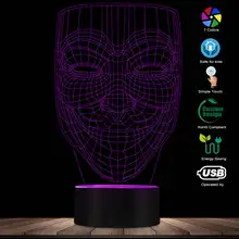 3D эффект анонима Гая Фокса Маска форма разработана визуальная лампа V для вендетты 3D Оптическая иллюзия Новинка Ночной светильник Настольная лампа