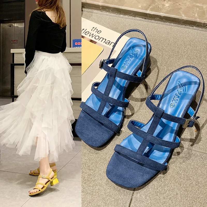 

2019 Summer Elegant Suede T-strap buckle Solid color holiday style women sandals chunky middle heels 5cm Blue Yellow sandalias