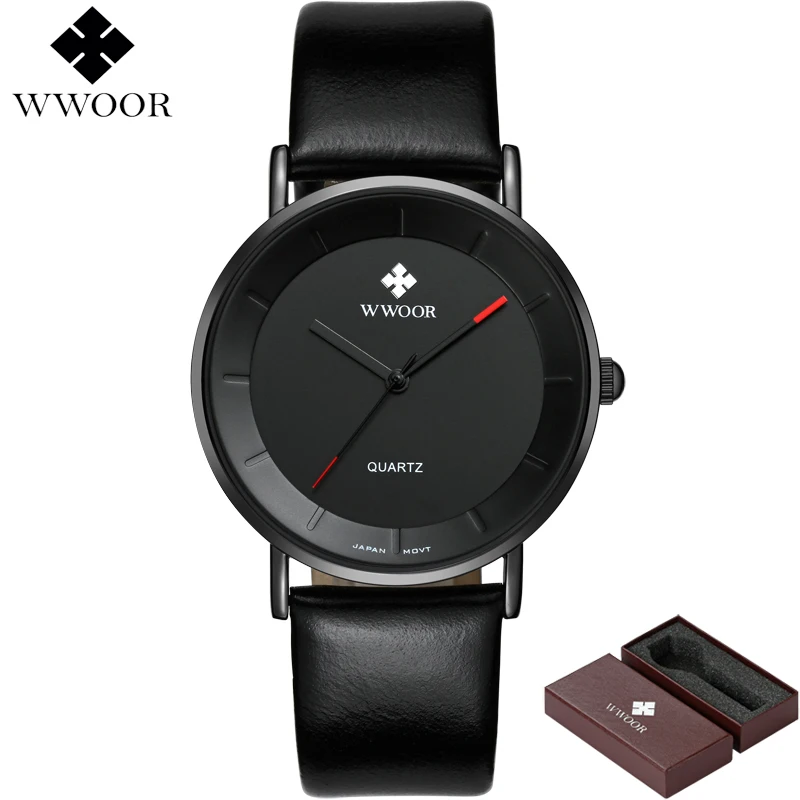 

WWOOR Men's Watch Ultra Thin Quartz Man Watch Men Watches Luxury Waterproof Leather Male Sport Wristwatch Creative Black Clock