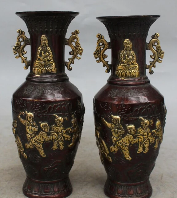 

8" Marked China Bronze Gilt Kwan-yin Guan Yin Boy Flower Bottle Vase Pair Statue S0708