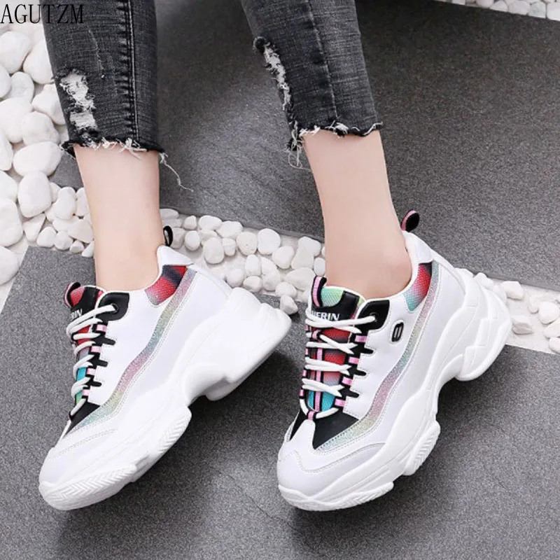 

Women's Shoes 2019 Spring New Leather Mesh Chunky Sneakers Fashion Women Flat Lace-up Thick Sole casual Shoes Footwear Z10