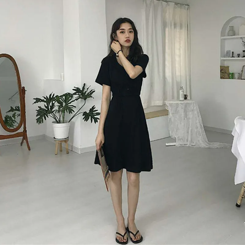 

2018 Summer New Dress Light Short-sleeved Waist High Waist Solid Was Thin Classic Small Black Dress Female Vestidos
