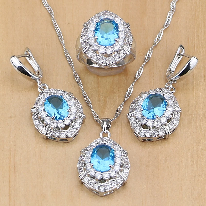 

925 Sterling Silver Jewelry Mystic Blue Cubic Zirconia Jewelry Sets For Women Wedding Accessories Earrings/Pendant/Necklace/Ring