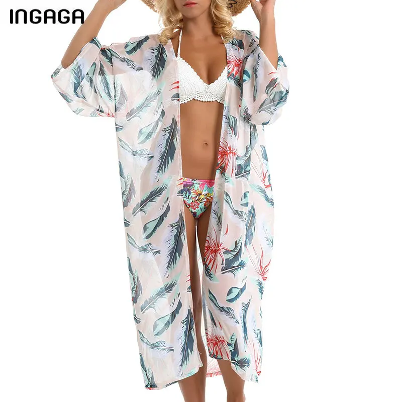 

INGAGA Short Sleeve Long Beach Dress Leaf Printing Beachwear Cove Up New Bathing Suit Women Sexy Swimsuit 2019 Swimwear Women