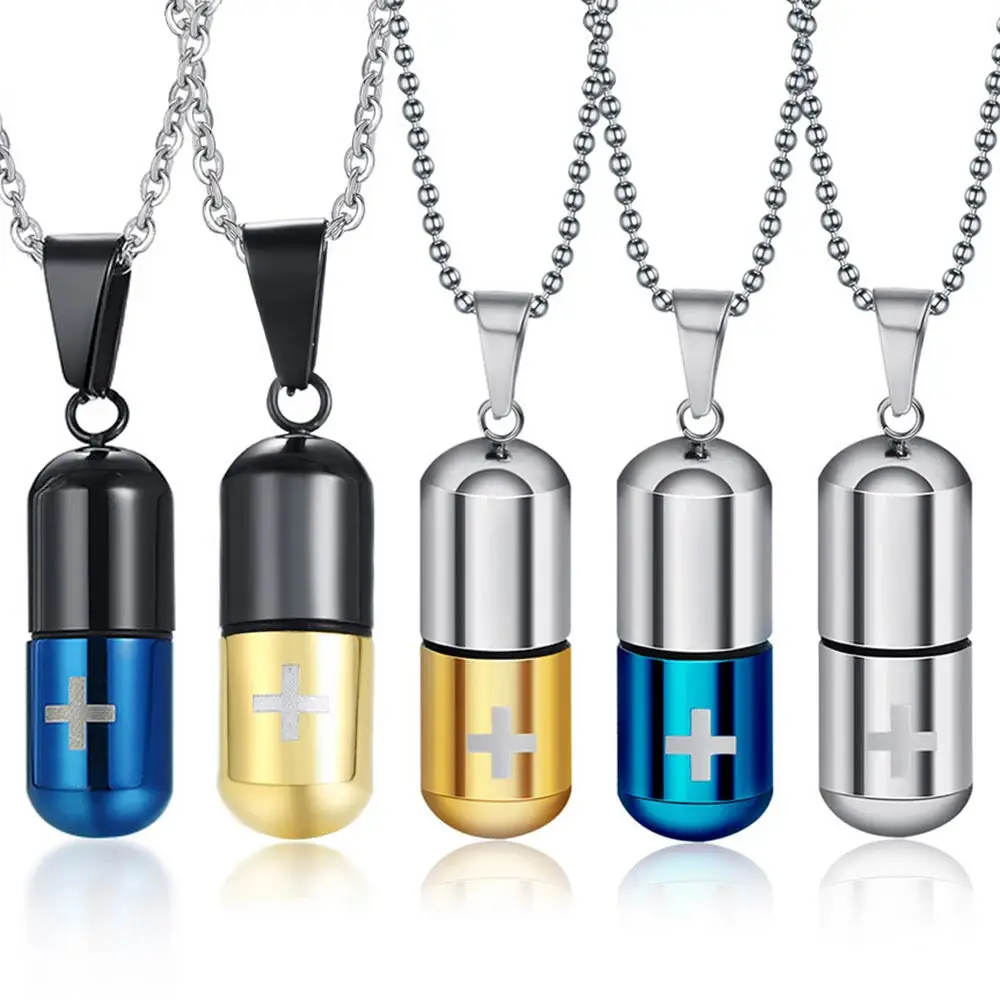 

JHSL Black Blue Men Storage Bottle Perfume Necklaces & Pendants Empty Capsule Design Stainless Steel Chain Fashion jewelry