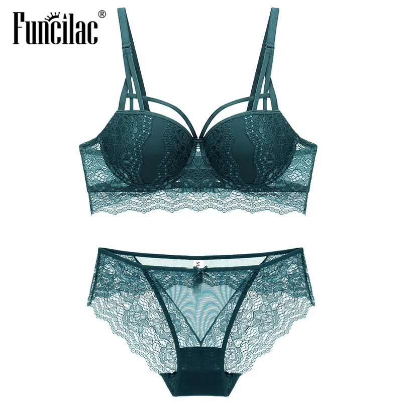 

FUNCILAC Women Sexy Bra Set Transparent Lace Ladies Underwear Push Up Bra & Brief Sets Black White Wine red Dark green Lingerie