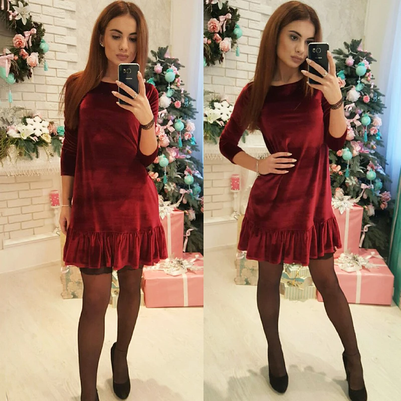 

2019 Women New O-neck Solid color A-Line dress spring Fashion Vintage VelvetKeep warm elegant Ruffle Big pendulum dresses