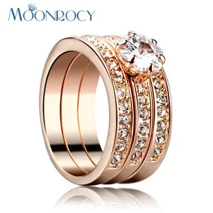 

MOONROCY Drop Shipping Rose Gold Color Fashion Crystal Cubic Zirconia Rings Three in One Jewelry Wedding Ring for Women Gift