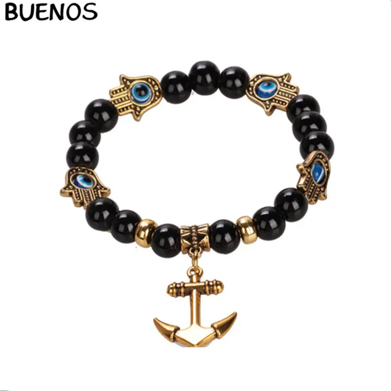 

BUENOS Trend Bohemian Ethnic Style Anchor Dropping Beads Blue And Gold Metal Small Palm Ship Individual Elastic Bracelet Fashion