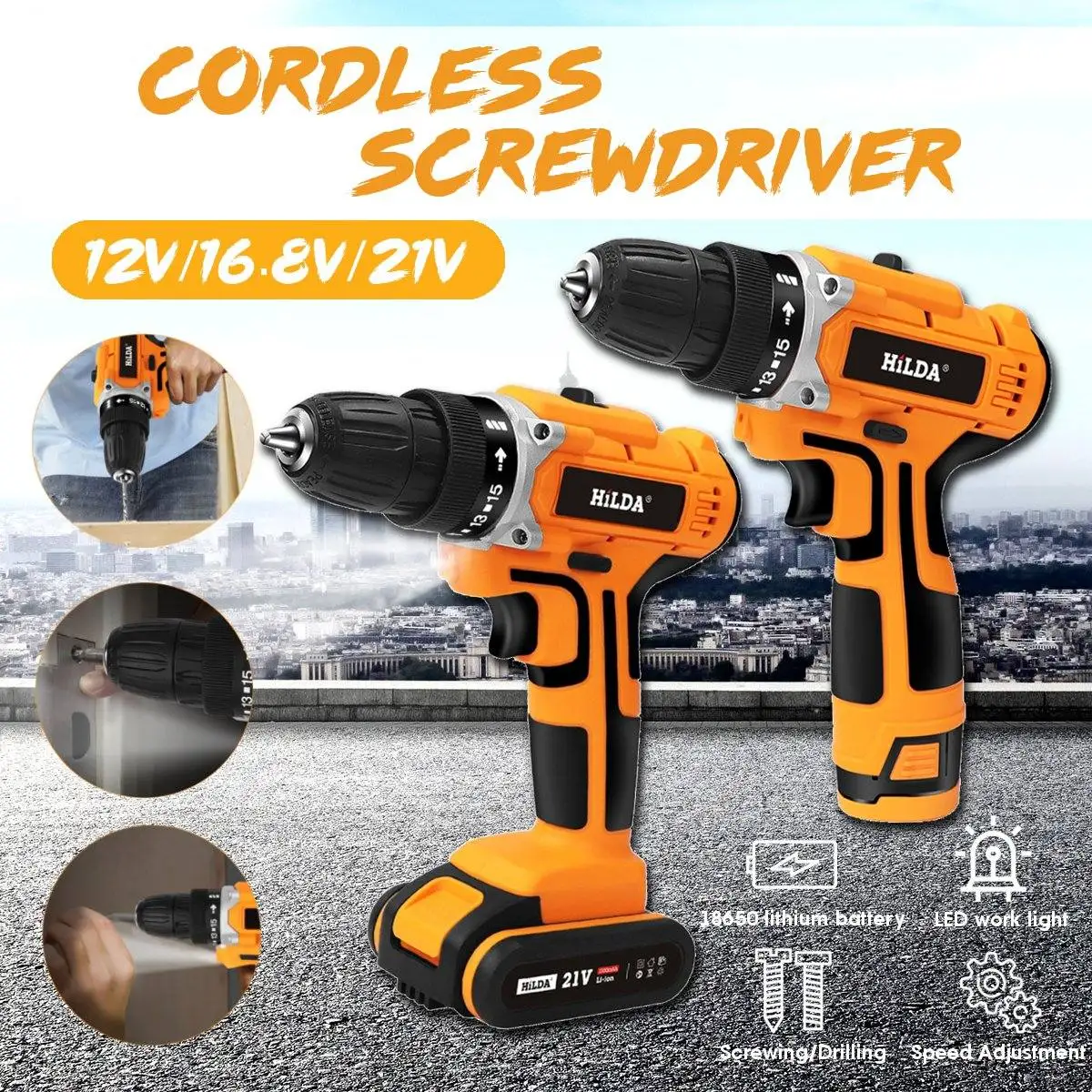 

12-21V Electric Drill with Rechargeable Lithium Battery Screwdriver Cordless Screwdriver Two-speed Power Drills