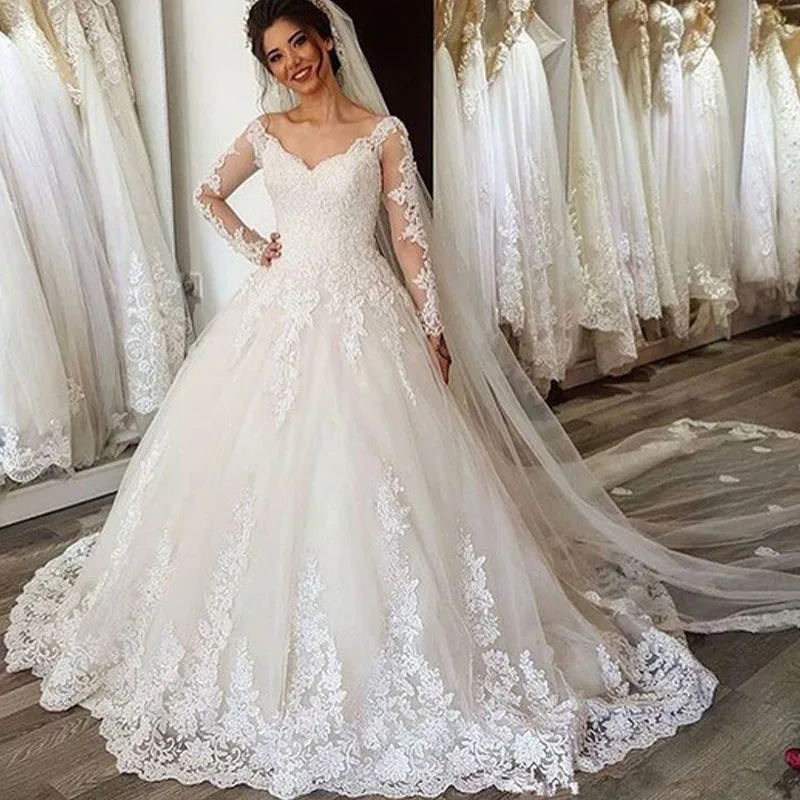 2019 Vestido de Noiva бальное платье свадебное платье с длинным рукавом v-образный вырез кружева бисерное платье невесты свадебное платье trowjurk Robe De
