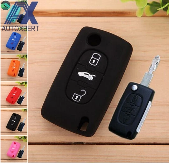 

AX SILICONE 3BUTTON FLIP KEY CASE REMOTE HOLDER COVER KEY FOB POCKET SHIELL FOR PEUGEOT 107 307 308 406 407 408 207 607 KEYCHAIN