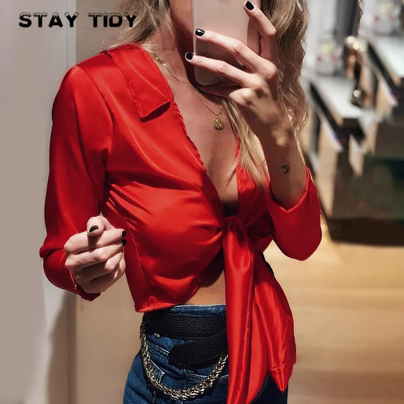 

STAY TIDY Casual Black Red Satin Lace Up Bow T Shirt 2019 New Autumn Women Long Sleeve Deep V Neck Crop Top Sexy Streetwear Top