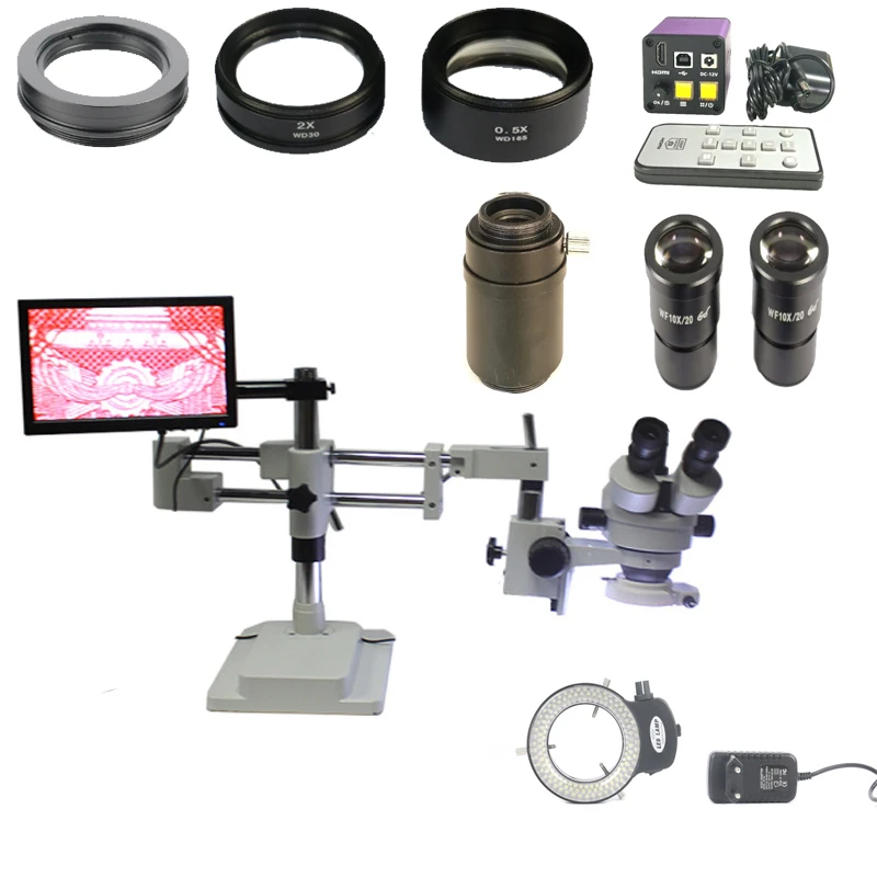 

3.5X-90X Double Arm Boom Stand Trinocular Stereo Microscope 16MP HDMI USB microscopio camera +10.1" lcd monitor +144 led lights