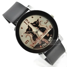 Manera y Ocasional de Señora Reloj de Cuarzo Mujeres Visten Los Relojes de Cuero Brillante de LA PU Correa de Reloj de Mujer Reloj de Dibujos Animados Del Gato Negro