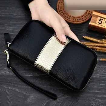 

Ladies Genuine Leather Clutch Wallets Snake Panelled Long Women Purse Zipper Wrist Bag Female Coin Purse Mobile Phone Bag New