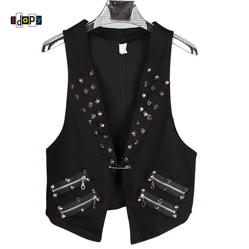 

Idopy Men`s Denim Vest Black Rivet Studded Party Stage Performance Cosplay Sleeveless Jeans Jacket Waistcoat For Men and Women