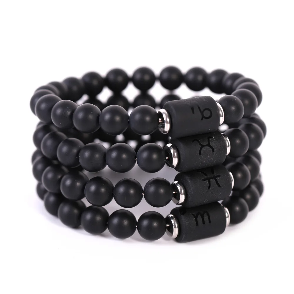 

Retro Natural Black Stone Reiki Stone Beaded Constellations Bracelets Stainelss Steel 12 Zodiac Charm Wristband Bracelets Male