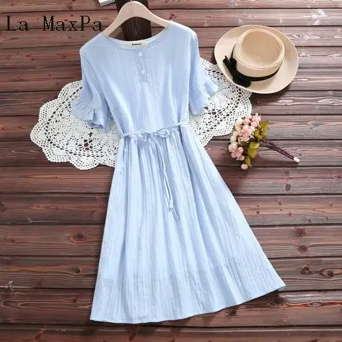 La MaxPa 2018 летнее хлопковое льняное платье Mori Girl шею Vestidos короткий рукав розовый