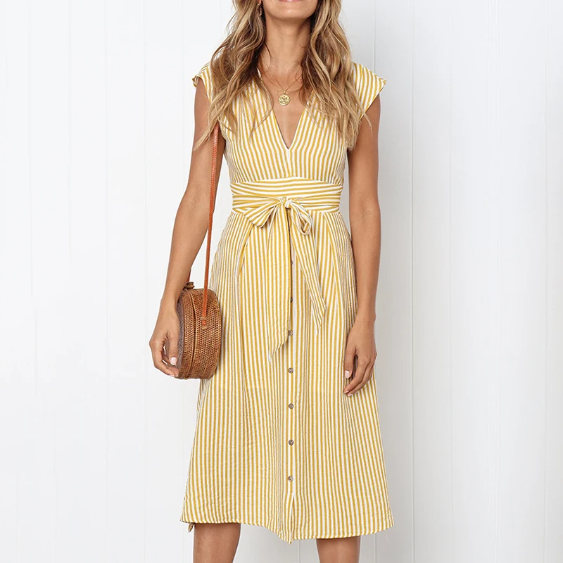 

Summer Vintage Stripe Print Sexy Deep V-Neck Midi Dress Women Elegant Sash Tie Up Slim Female Dresses Streetwear Sundress Ladies