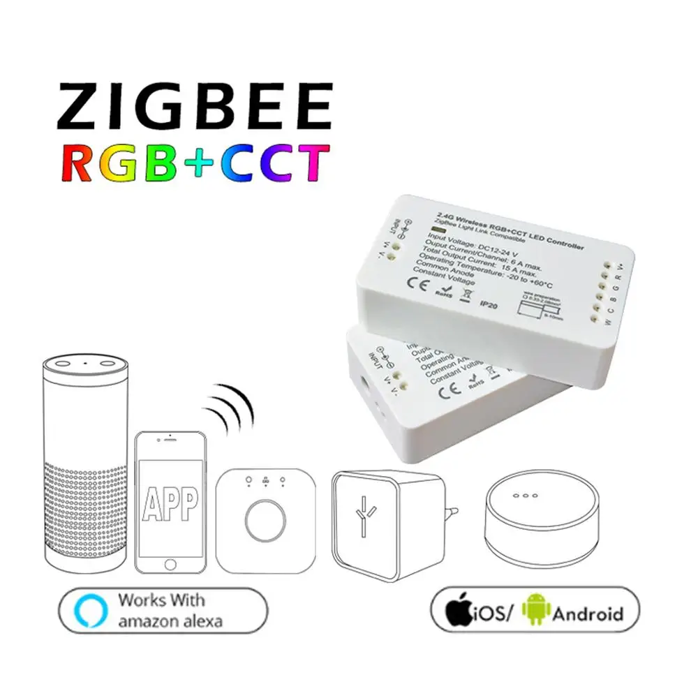 

ZIGBEE ZLL RGB+CCT LED Controller RGBWWCW dimmer strip Controller DC12/24V comptaible with amazon echo plus hue zll standard