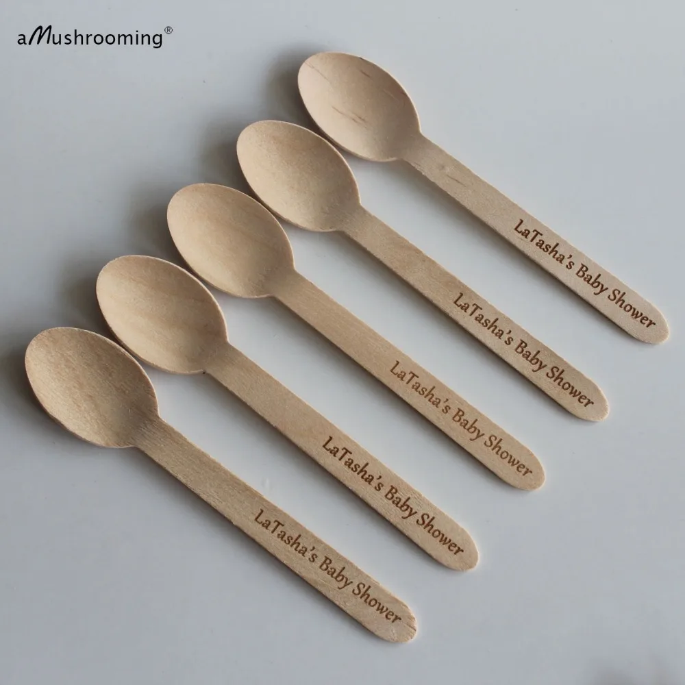 x50 Disposable Spoons 16cm Spoon long Personalized Name WOODEN SPOONS