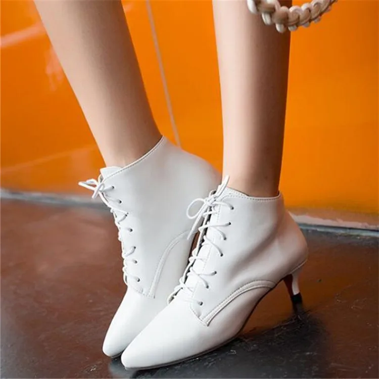 

PXELENA Plus Size 34-43 Thin Med Heels Ankle Boots Women Shoes Pointed Toe Lace Up Fashion Comfort Office Ladies Shoes White Red