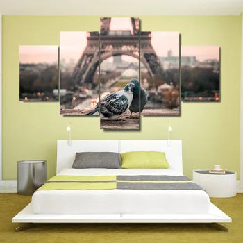 

Canvas HD Prints Pictures Home Wall Art Room Decor 5 Pieces Paris Eiffel Tower Paintings Romantic Doves Couple Posters