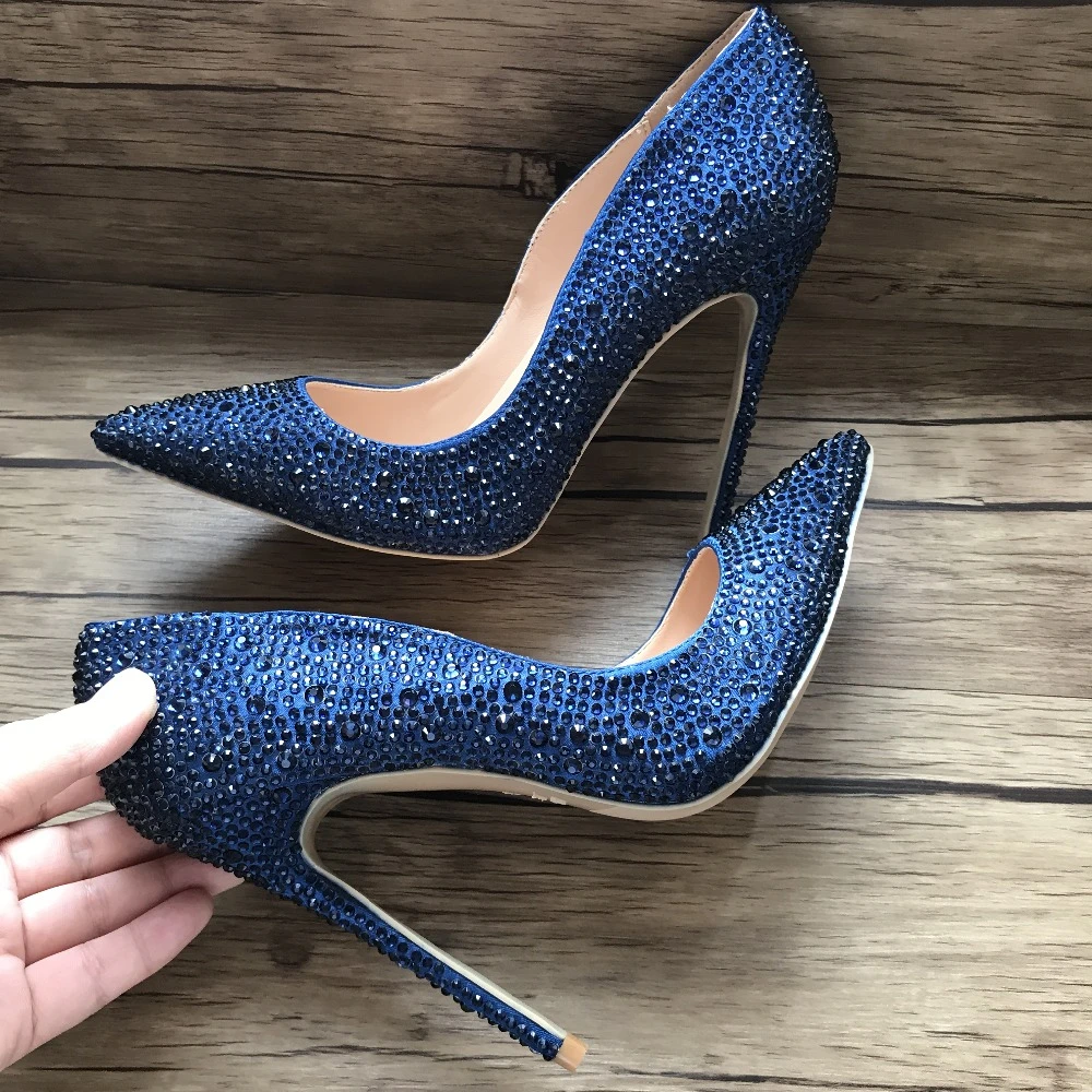 Zapatos de tacón con diamantes azules brillantes para mujer, calzado de punta estrecha para fiesta, boda, stilettos, 12CM, 10CM, 8CM|Zapatos de tacón mujer| - AliExpress