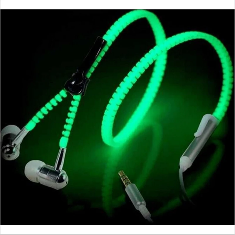 

New Glow In The Dark Earphone Metal Zipper Luminous Earphones Night Lighting Glowing Headset With Mic Handsfree For All Phones