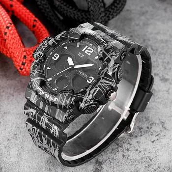 

OHSEN Fashion Quartz Digital Watch Men LED Dual Time Man Army Wristwatch Camouflage Black Rubber Band Swim Sport Watch Relogios