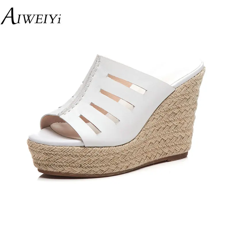 

AIWEIYi New Fashion Summer Outdoor Slippers Lady Sandals Genuine Leather Weave Thick Bottom Leather Sandals Wedges Flip Flops