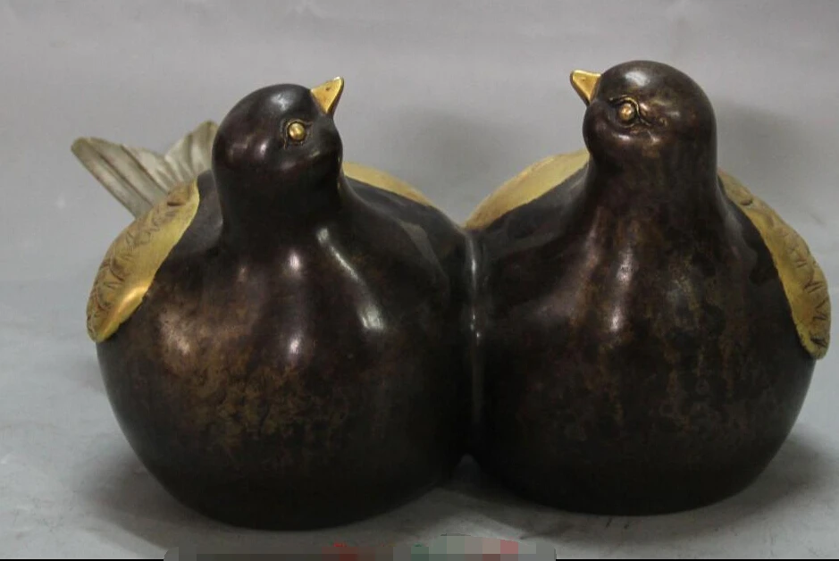 

8" Chinese Purple Bronze 24K Gold Pure Silver 2 Bird Mandarin Duck Statue Pair R0711