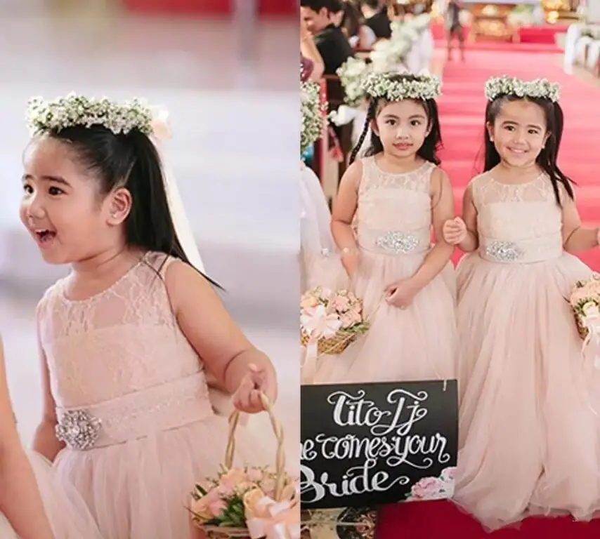 

2017 Cute Blush Pink Flower Girls Dresses for Weddings Long Tulle Crystals Sash Jewel Floor Length Kids Birthday Dress