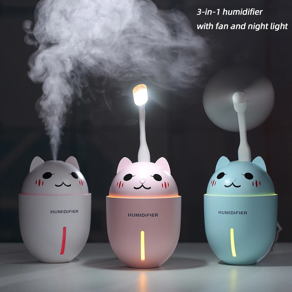 

320ML USB Air Humidifier Ultrasonic Cool-Mist Adorable Pet Mini Humidifier With LED Light Mini USB Fan 3 in 1 aroma diffuser