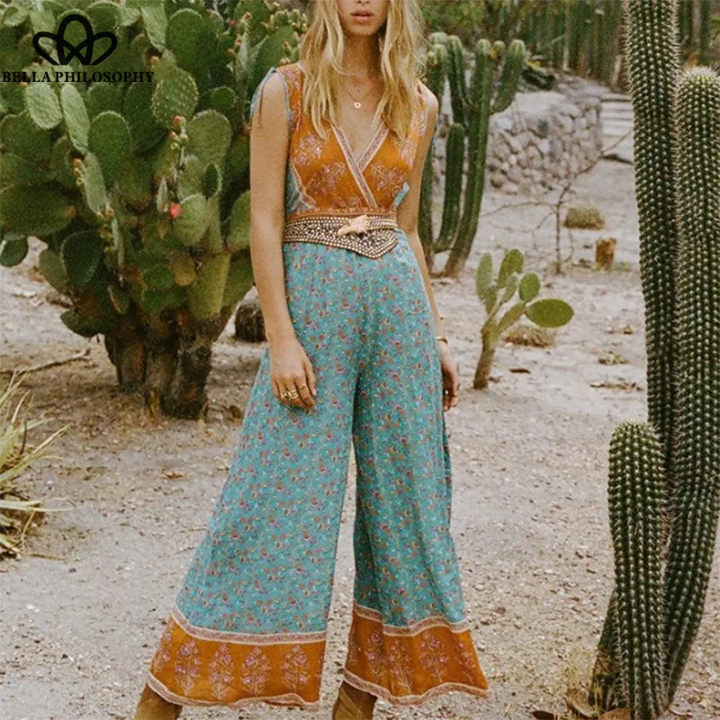 

Bella Philosophy 2019 Summer Sleeveless Boho Jumpsuits Vintage Print Floral Female Loose Jumpsuits Casual Lady Beach Rompers