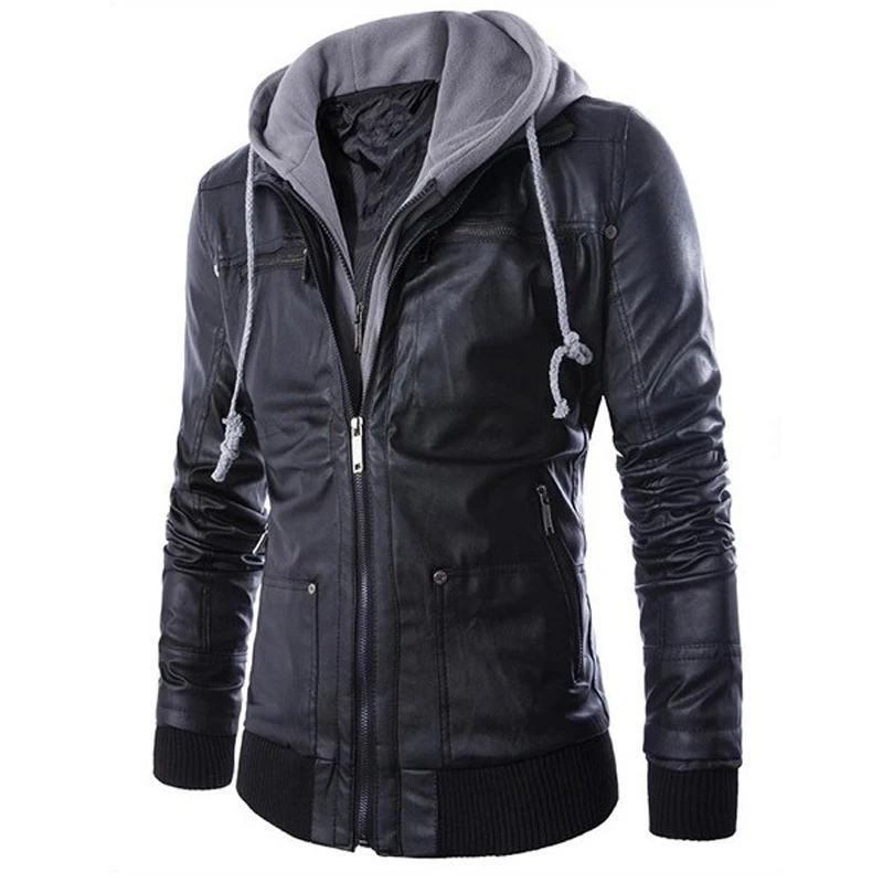

Autumn winter Brand Fashion Style Male Zippers Europe hooded detachable false two Young men's motorcycle pu leather jacket 550