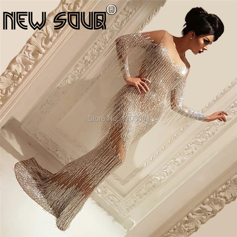 Rhinestone Tassel Evening Dresses Long Sleeve Beading Dubai Prom Gowns Handmade Arabic Couture East Middle Party Gowns Vestidos