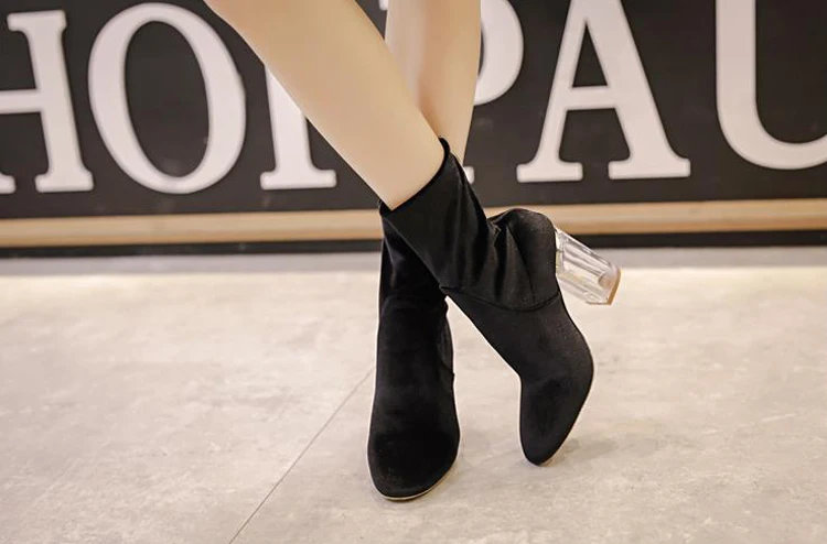LALA IKAI Transparent Crystal Heel Short Boots Women Velvet High Heel Ankle Boot Fashion Women's Winter Boots (3)