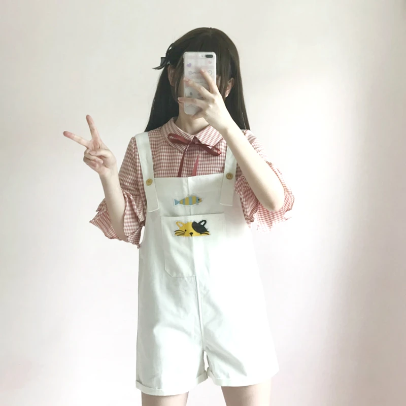 Harajuku/Модный милый комбинезон для девочек с вышитыми котами и рыбами; повседневные свободные шикарные студенческие комбинезоны с карманами; шикарные плиссированные рубашки на шнуровке